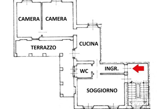 Planimetria Trilocale con cucina abitabile, terrazzo, box e cantina